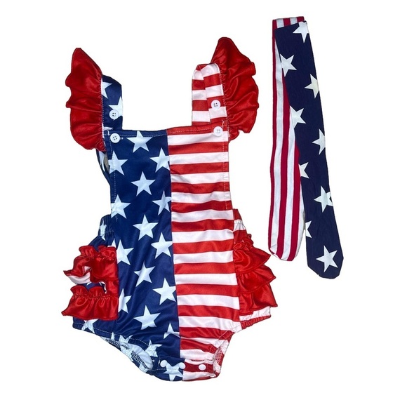 🟢 Patriotic Baby Girl Romper with Headband 3-6 Months - Picture 1 of 3